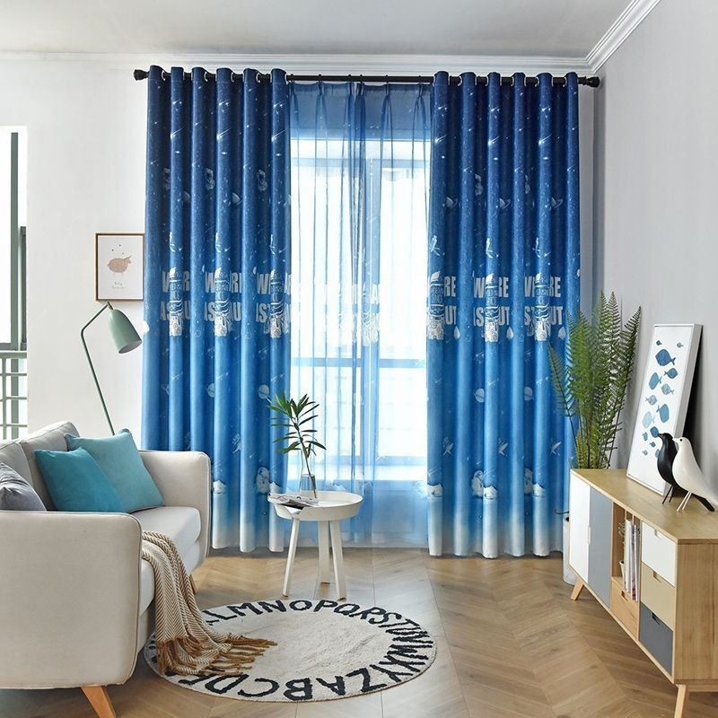 Cortina Blackout Estampada Com Estampa De Desenho Animado Azul Espacial Feita Sob Medida Para Quarto De Meninos