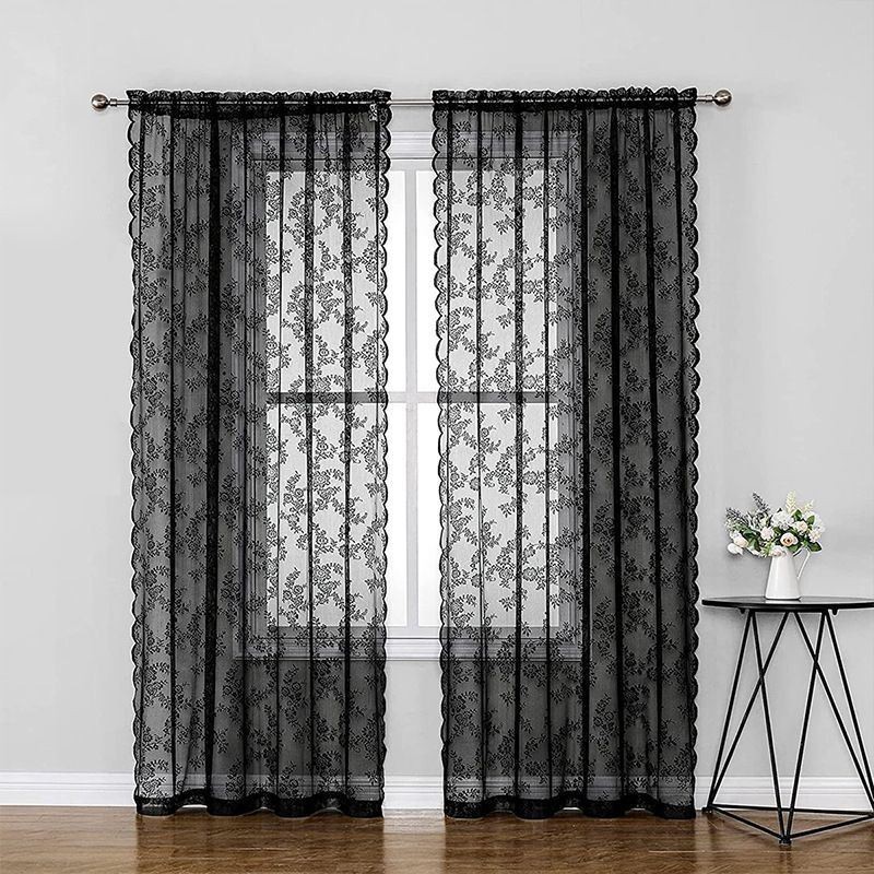 Cortinas De Renda Transparente Pretas Com Estampa Floral Para Sala De Estar