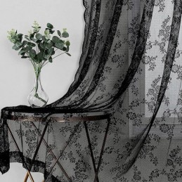 Cortinas De Renda Transparente Pretas Com Estampa Floral Para Sala De Estar