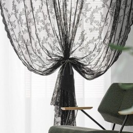 Cortinas De Renda Transparente Pretas Com Estampa Floral Para Sala De Estar