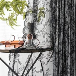 Cortinas De Renda Transparente Pretas Com Estampa Floral Para Sala De Estar