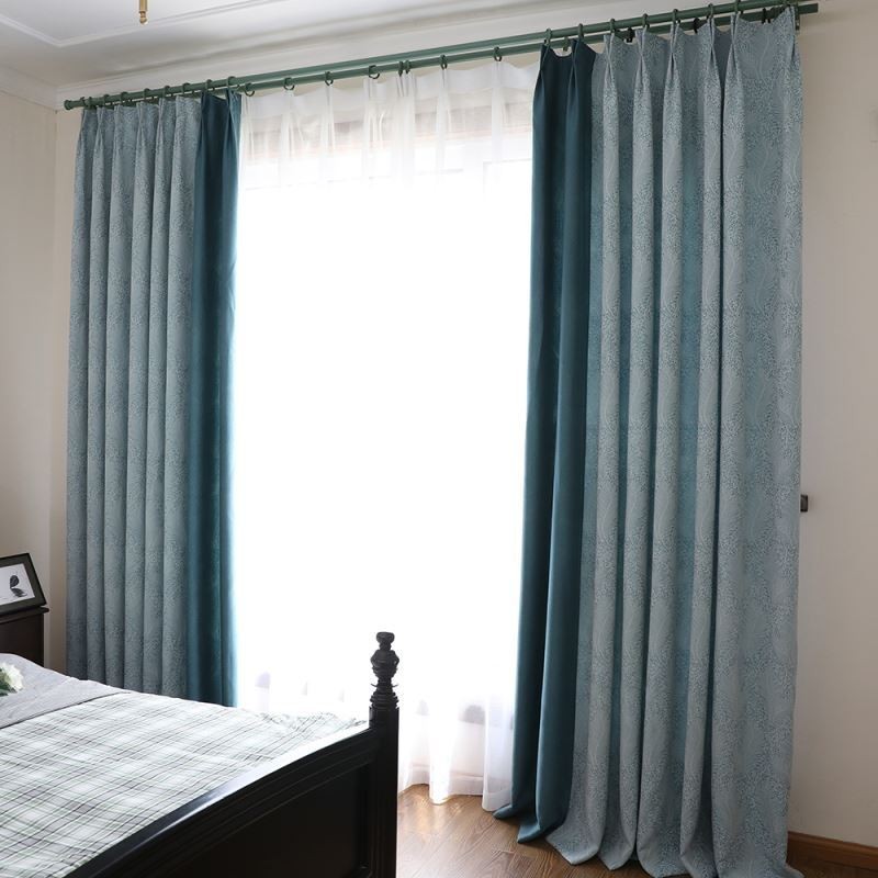 Cortina Blackout Feita Sob Medida Cortina Estilo Europeu Simples Algodão Macio Azul Jacquard Decorativo Quarto