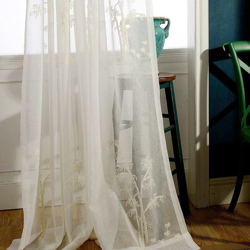 Cortina Clássica Transparente Feita Sob Medida, Cortinas De Tule Bordado De Bambu Para Sala De Estar