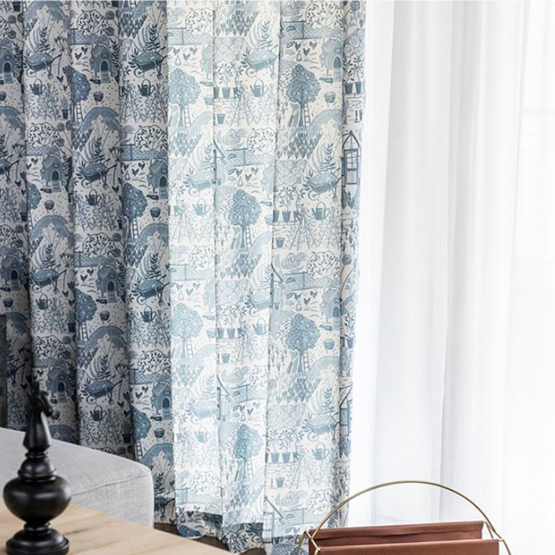 Cortina De Linho De Algodão Estilo Rural Feita Sob Medida, Cortina Semi Blackout Com Estampa De Janela Saliente Para Quarto