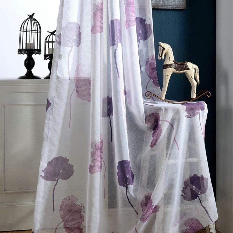 Cortina De Voile Transparente Minimalista Moderna Feita Sob Medida Cortina De Folha De Lótus Roxa Para Quarto