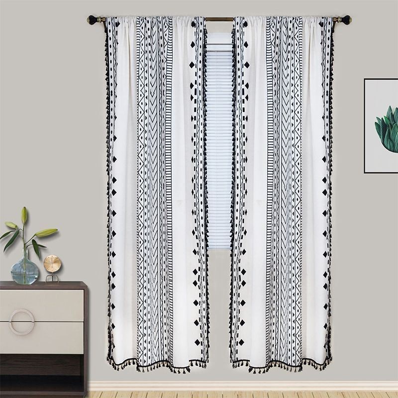 Cortinas Com Estampa Geométrica E Meia Blackout, Borlas, Algodão E Linho, Para Sala De Estar