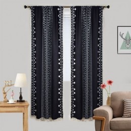 Cortinas Com Estampa Geométrica E Meia Blackout, Borlas, Algodão E Linho, Para Sala De Estar