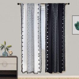 Cortinas Com Estampa Geométrica E Meia Blackout, Borlas, Algodão E Linho, Para Sala De Estar