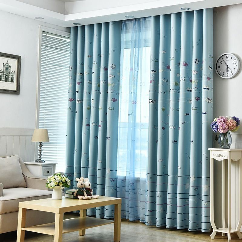 Cortina Blackout Azul Com Estampa De Peixe De Desenho Animado, Cortina Estampada Sob Medida Para Quarto De Criança
