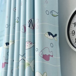 Cortina Blackout Azul Com Estampa De Peixe De Desenho Animado, Cortina Estampada Sob Medida Para Quarto De Criança