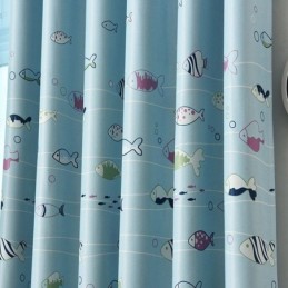 Cortina Blackout Azul Com Estampa De Peixe De Desenho Animado, Cortina Estampada Sob Medida Para Quarto De Criança