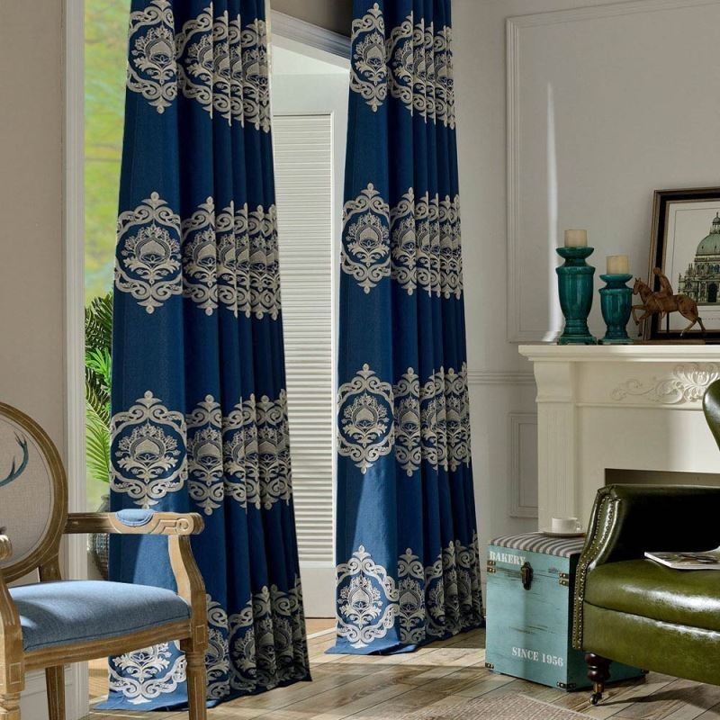 Cortina Nórdica Simples Feita Sob Medida, Tecido Azul Bordado Para Sala De Estar E Estudo