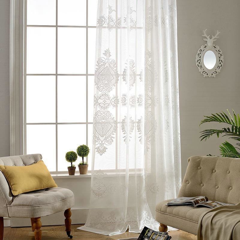 Cortina Transparente Clássica Europeia Feita Sob Medida, Cortina Com Jacquard Floral Para Sala De Estar, Tecido De Algodão Macio