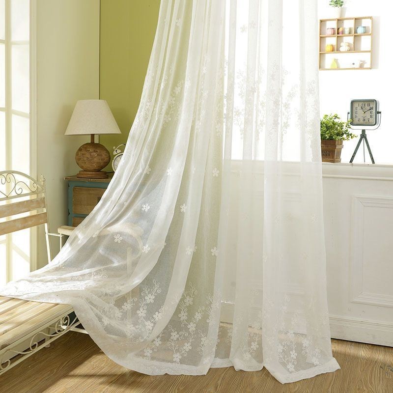 Cortina De Tela De Janela Bordada Feita Sob Medida Cortina Floral De Tule Branco Para Sala De Estar E Quarto