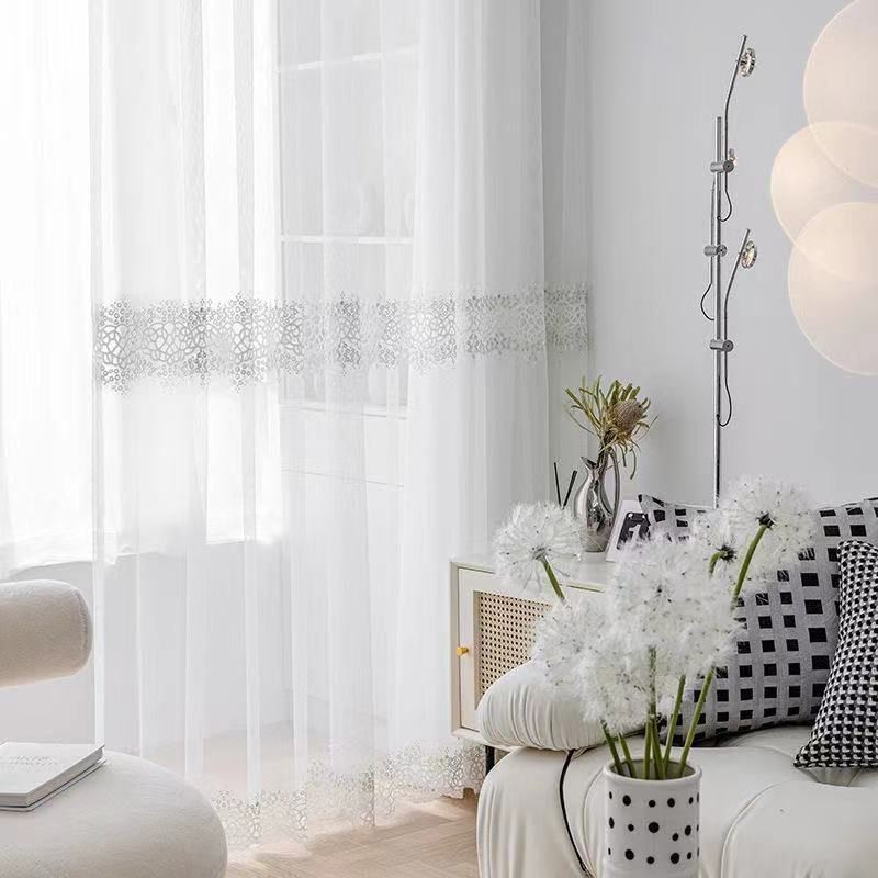 Cortinas Geométricas Transparentes De Tule Bordado Moderno Para Sala De Estar