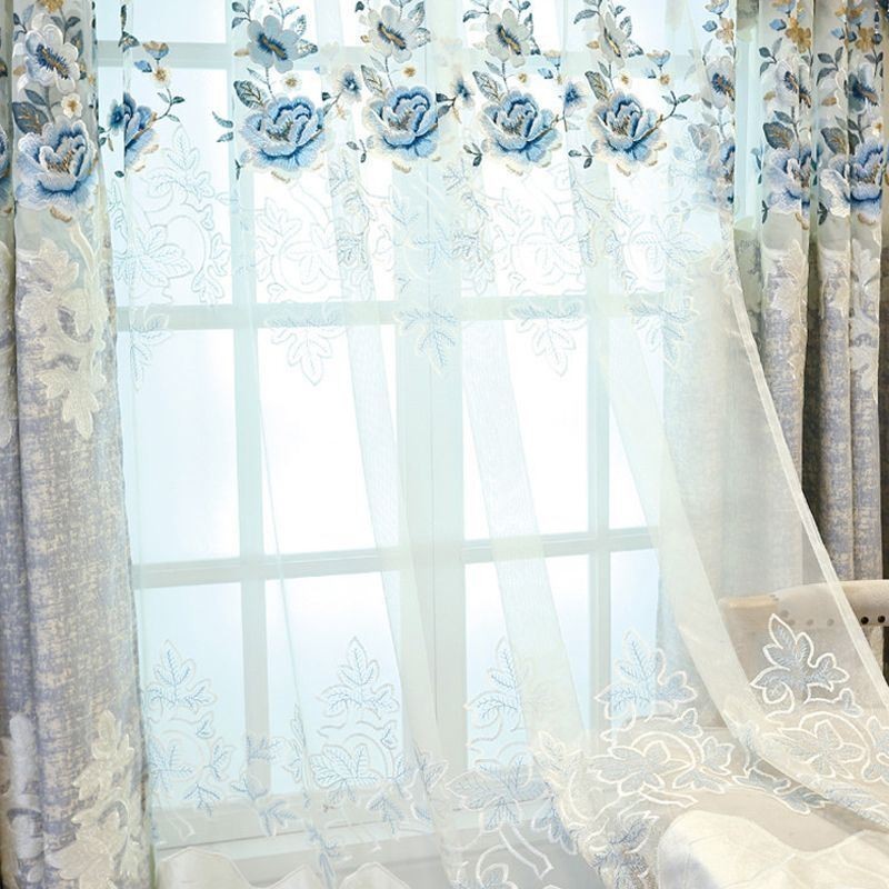 Cortina De Tule De Luxo Feita Sob Medida, Cortina De Voile Com Bordado Floral Para Sala De Estar