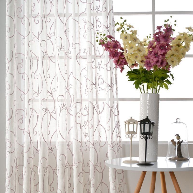 Cortinas De Voile Transparente Branco Com Bordado De Videira Para Janela De Quarto