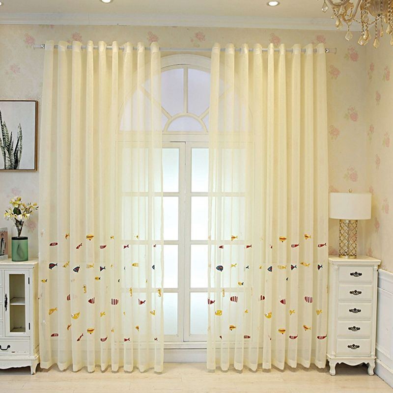 Cortina Decorativa Transparente Bordada Com Peixes Feita Sob Medida Para Sala De Estar