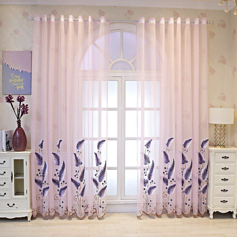 Cortina Decorativa Transparente Com Folhas Bordadas Sob Medida Para Sala De Estar