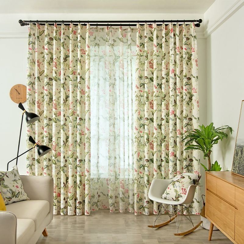 Cortina De Algodão E Linho Sob Medida, Estilo Americano, Com Estampa De Plantas