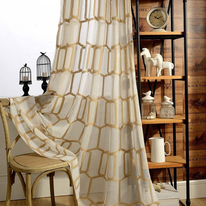 Cortina Transparente Bordada Em Favo De Mel Feita Sob Medida, Tecido Abstrato Americano Para Sala De Estar E Quarto