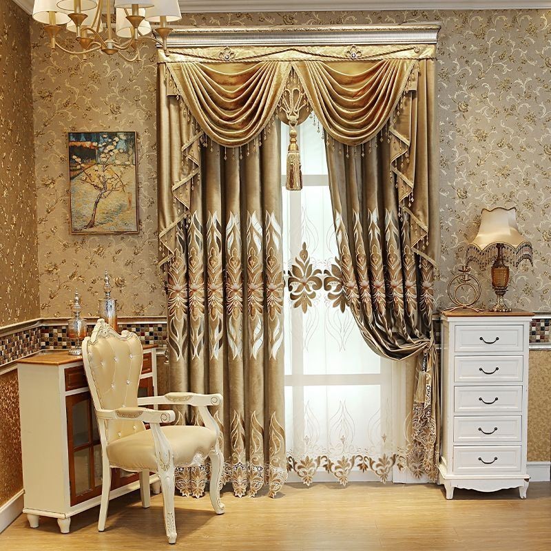 Cortina Bordada Em Chenille Sob Medida, Cortina Semi Blackout Com Estampa De Flores Europeias Para Sala De Estar E Quarto