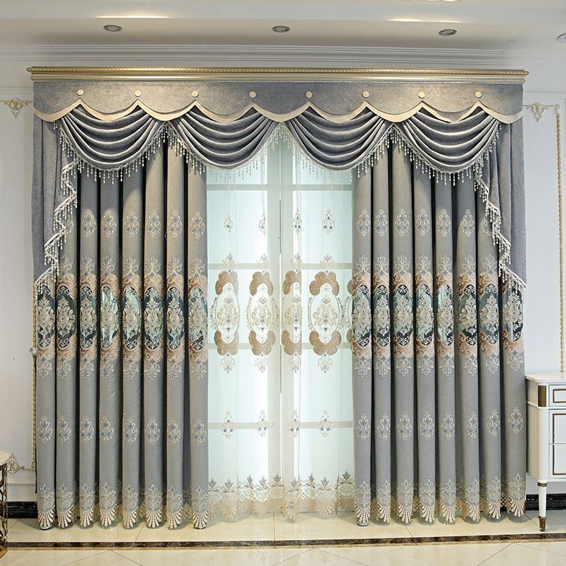 Cortina Blackout Semi-Chenille Sob Medida Com Bordado De Flores Europeias Para Sala De Estar E Quarto