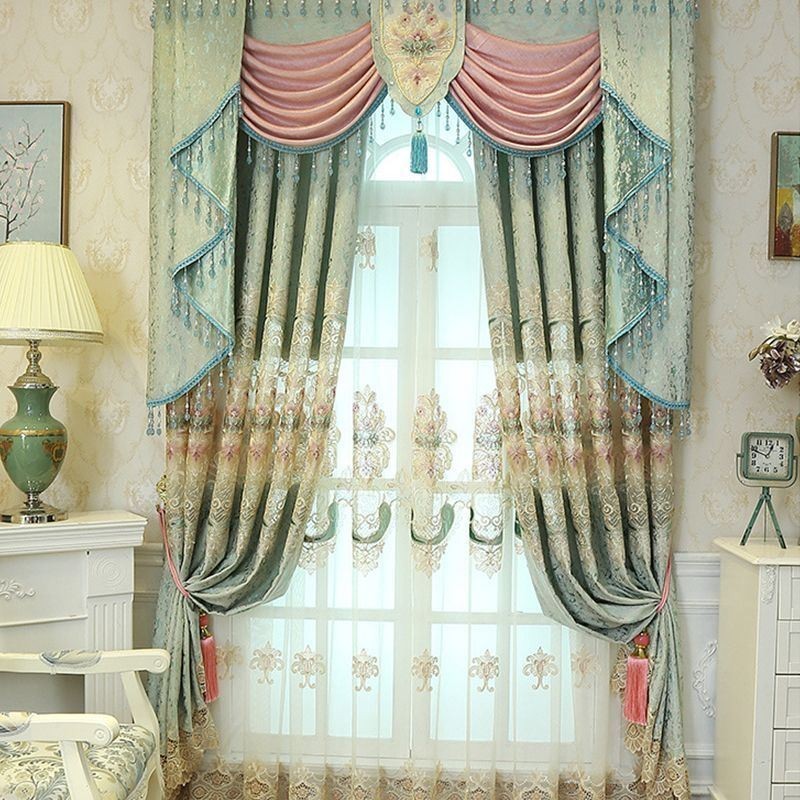 Cortina Blackout Semi-Chenille Sob Medida Com Bordado De Flores Europeias Para Sala De Estar E Quarto