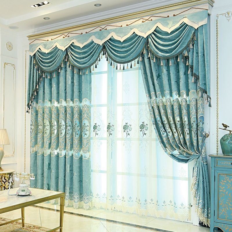 Cortina Europeia Semi Blackout Feita Sob Medida Com Bordado Floral Em Chenille Para Sala De Estar E Quarto