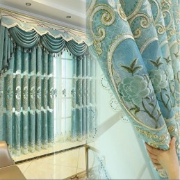 Cortina Europeia Semi Blackout Feita Sob Medida Com Bordado Floral Em Chenille Para Sala De Estar E Quarto