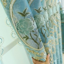 Cortina Europeia Semi Blackout Feita Sob Medida Com Bordado Floral Em Chenille Para Sala De Estar E Quarto