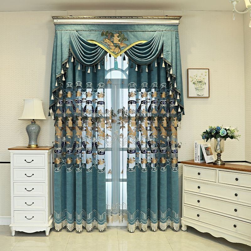 Cortinas Semi Blackout De Chenille Estilo Chinês Com Bordados De Montanhas Para Sala De Estar E Quarto