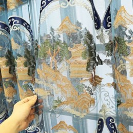 Cortinas Semi Blackout De Chenille Estilo Chinês Com Bordados De Montanhas Para Sala De Estar E Quarto