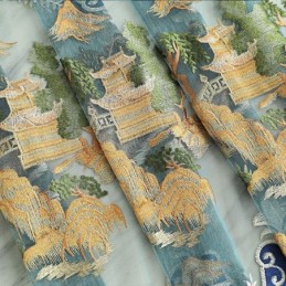 Cortinas Semi Blackout De Chenille Estilo Chinês Com Bordados De Montanhas Para Sala De Estar E Quarto