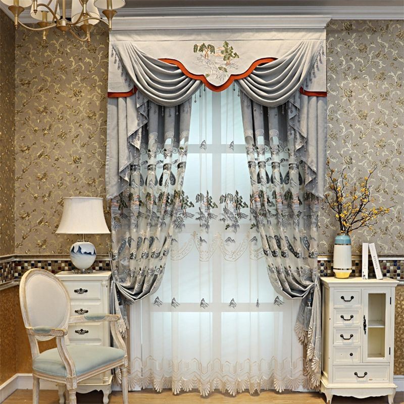 Cortinas Semi Blackout De Chenille Com Bordado De Montanhas Em Estilo Chinês Para Sala De Estar E Quarto