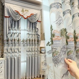 Cortinas Semi Blackout De Chenille Com Bordado De Montanhas Em Estilo Chinês Para Sala De Estar E Quarto