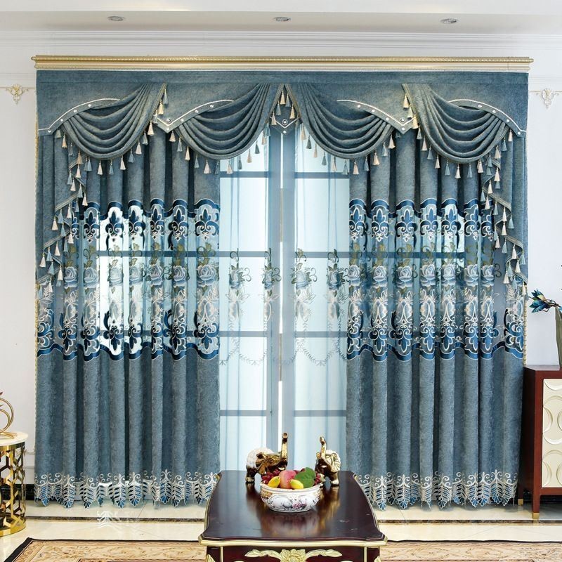 Cortinas Semi Blackout De Chenille Com Bordado Floral Estilo Europeu Para Sala De Estar E Quarto