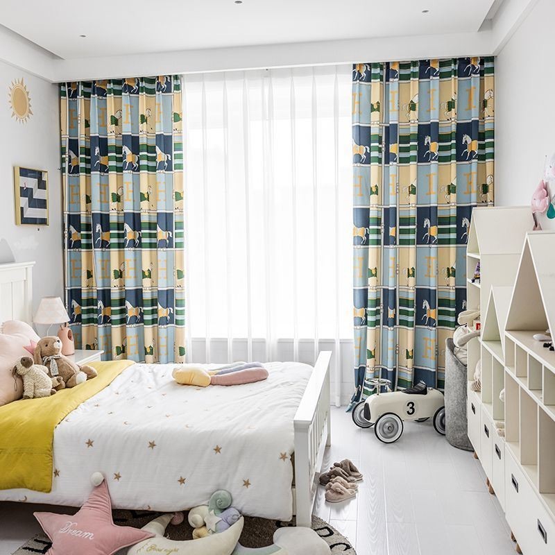 Cortinas De Algodão Estilo Infantil Com Estampa De Cavalo Branco