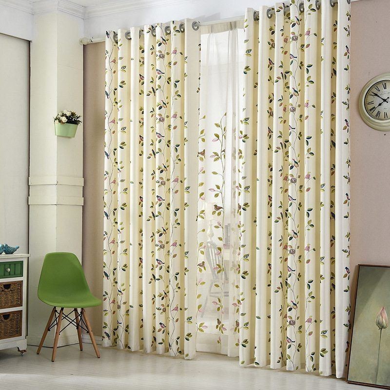 Cortinas De Veludo Estilo Americano Com Estampa De Folhas E Pássaros