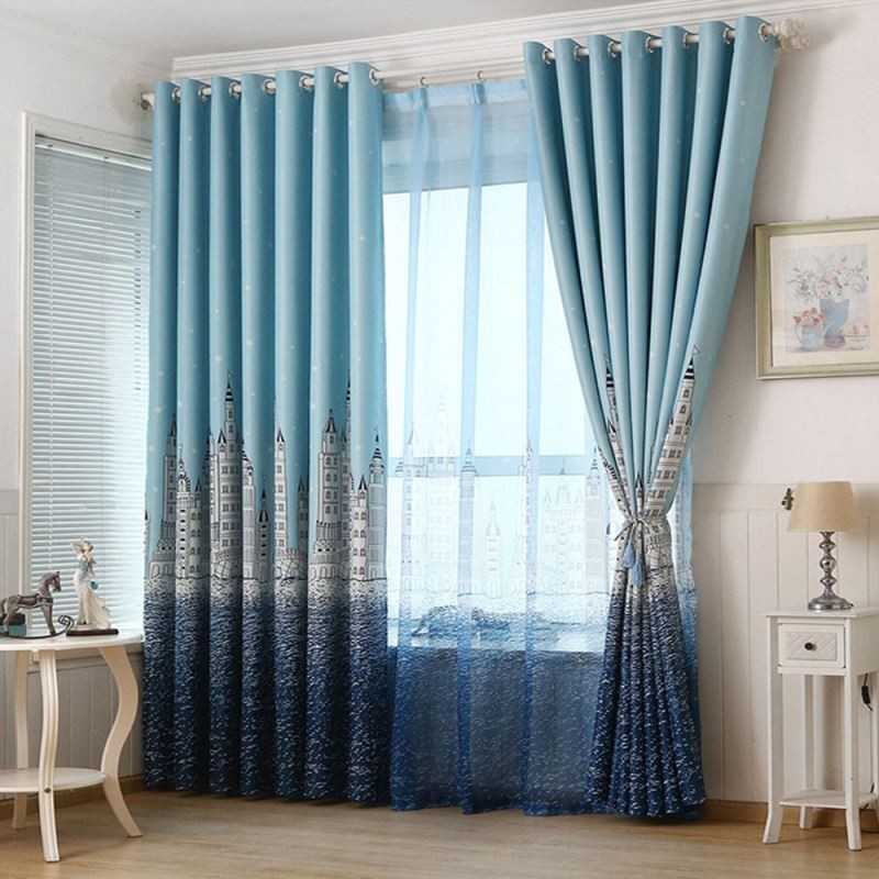 Cortina Azul Estampada Com Castelo Feita Sob Medida Cortina Nórdica Popular Para Quarto Infantil Tecido Para Quarto