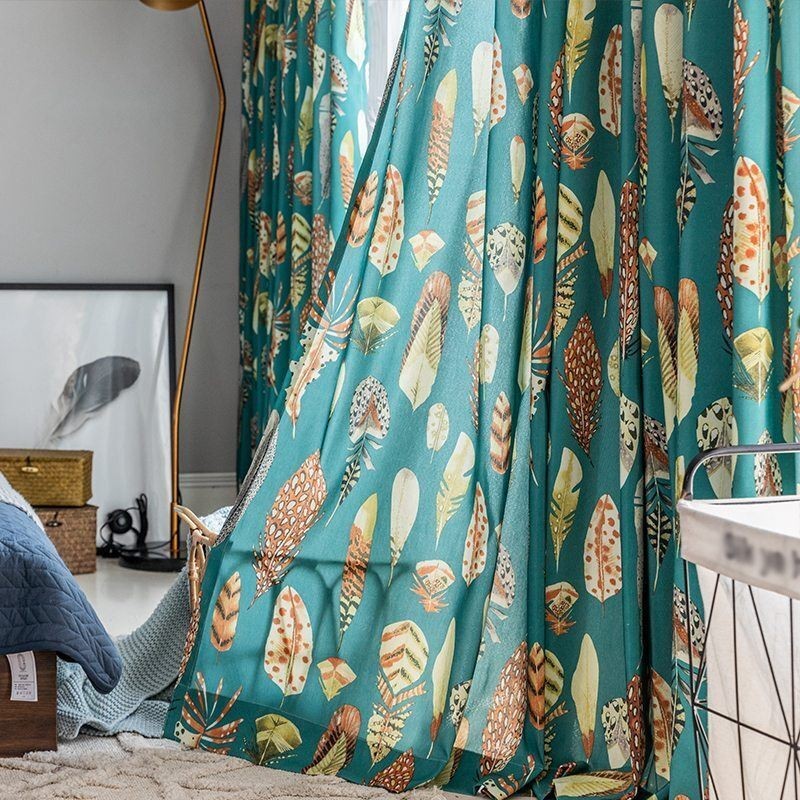 Cortina De Poliéster Sob Medida Com Penas Estampadas Americanas Cortinas Blackout Semi