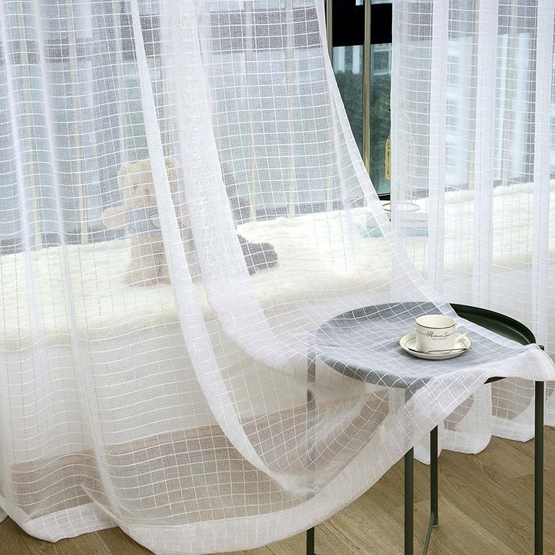 Cortina Nórdica Simples E Transparente Sob Medida, Tecido Jacquard Xadrez Branco Para Sala De Estar E Quarto