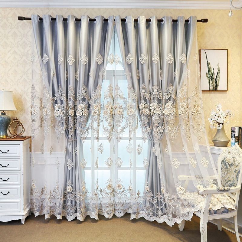 Cortinas Blackout Estilo Europeu Com Bordados Florais E Tecidos Transparentes Integrados