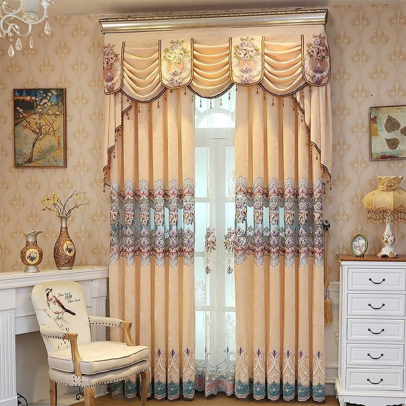 Cortina De Chenille De Luxo Feita Sob Medida Cortina Com Bordados Florais Para Sala De Estar E Quarto