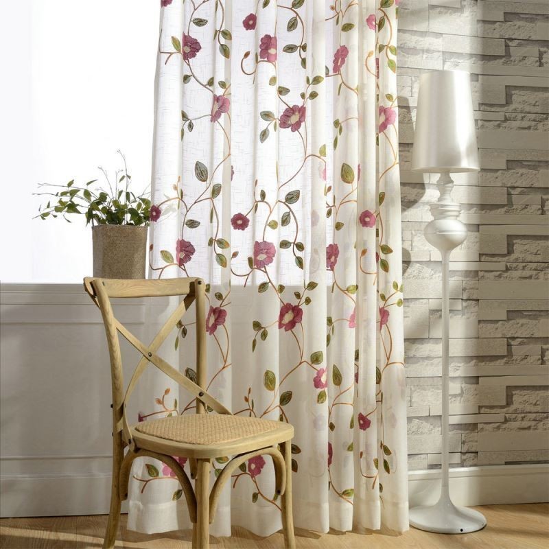 Cortina De Voile Minimalista Moderna Feita Sob Medida, Painel De Cortina De Linho, Janela Transparente, Bordado De Folhas Rosa, Uma