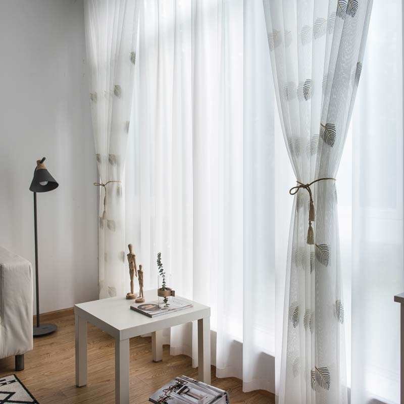 Cortina Nórdica Simples E Transparente Sob Medida, Cortina Com Bordado Branco De Folhas Rurais, Tecido Para Quarto E Sala De Estar