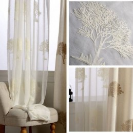 Cortina Transparente Respirável Feita Sob Medida Com Textura De Árvore E Bordado Para Sala De Estar