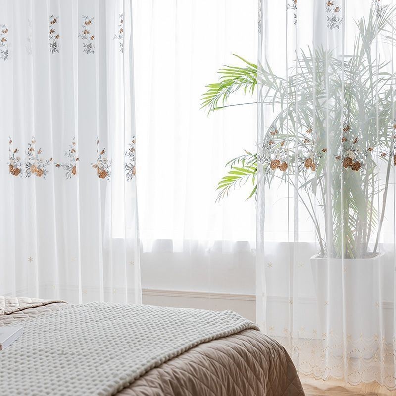 Cortinas De Tule Floral Voile Branco Transparente Para Sala De Estar