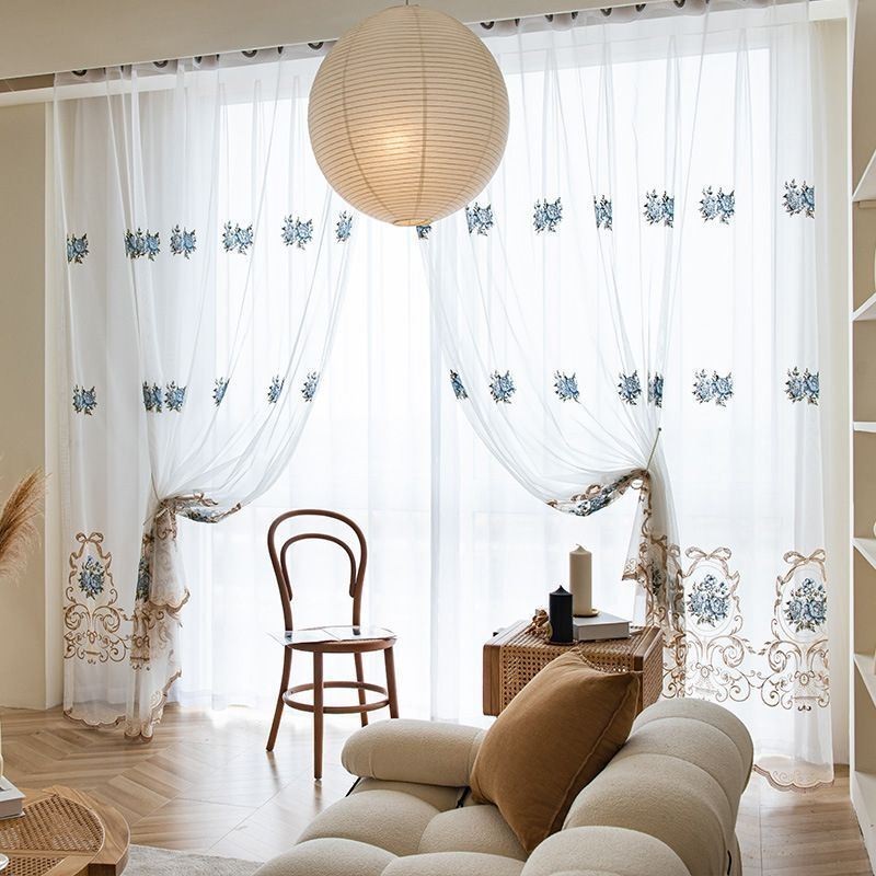 Cortina Floral Transparente Feita Sob Medida Em Tule Bordado Para Sala De Estar