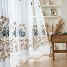 Cortina Floral Transparente Feita Sob Medida Em Tule Bordado Para Sala De Estar